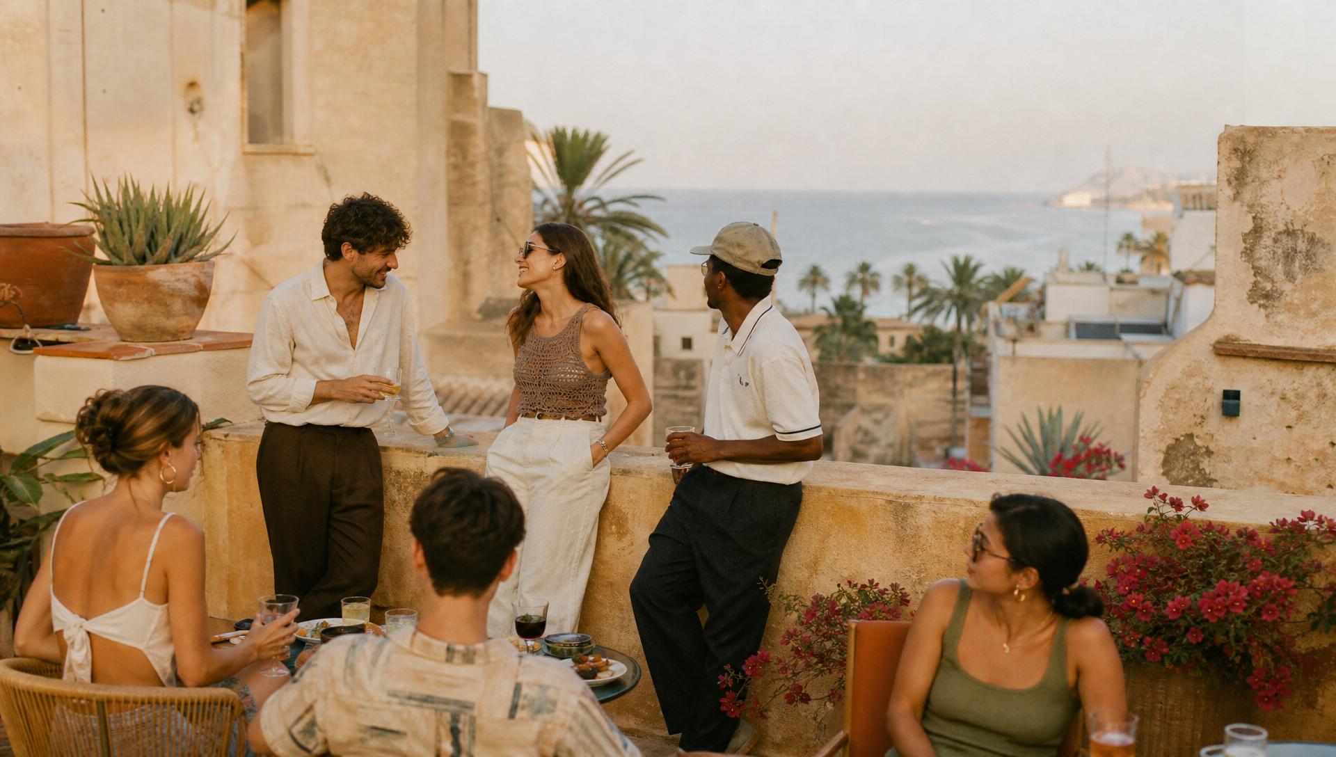 Terraza mediterránea en Alicante con viajeros disfrutando del atardecer